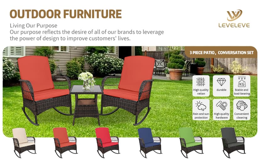 LEVELEVE 3 pcs Rocking Bistro Set Conversation Chairs PE Wicker Outdoor Rocking Chairs & Glass Table,for Porch Lawn Garden Backyard Deck(Rocking Set,Khaki)