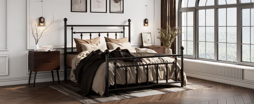 SHA CERLIN 14'' Queen Size Metal Platform Bed Frame/Victorian Headboard and Footboard/Steel Slats Mattress Foundation for Storage/No Box Spring Needed/Noise Free/Black