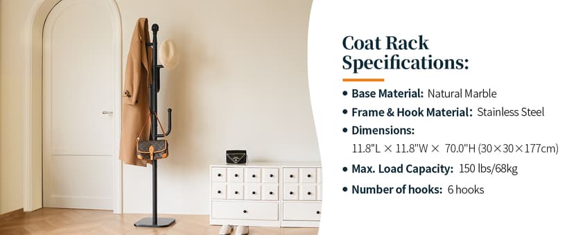 Yoobure Coat Rack Freestanding with Natural Marble Base - Cactus Coat Tree with 6 L-shaped Hooks, Heavy Duty Coat Hanger Stand, Metal Coat Rack Stand for Entryway, Hall Tree for Jacket/Hat/Clothes/Bag