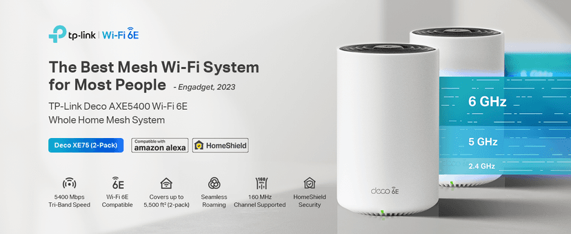 TP-Link Deco XE75 AXE5400 Tri-Band WiFi 6E Mesh System - Covers up to 5500 Sq.Ft, Replaces WiFi Router and Extender, AI-Driven Mesh, 6GHz Band, 2-Pack