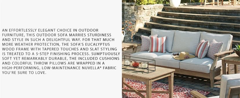 Signature Design by Ashley Clare View Coastal Outdoor Patio Eucalyptus Sofa with Cushions, Beige
