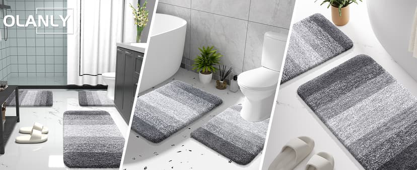 OLANLY Bathroom Rugs Sets 3 Piece, Soft Absorbent Microfiber Bath Mats and U-Shaped Contour Toilet Rug, Plush Shaggy Bath Mat Set for Bathroom (30"x20"+24"x16"+24"x20", Grey)
