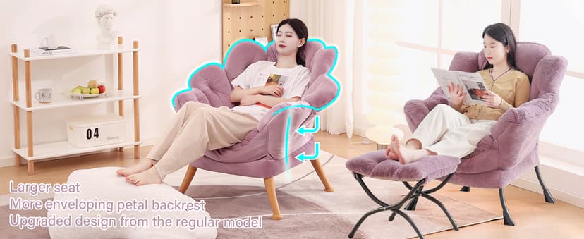 Welnow Lazy Chair with Ottoman, Modern Lounge Accent Chair with Armrests and a Side Pocket, Leisure Sofa Armchair, Reading Armchair with Footrest for Small Space, Plush Grey