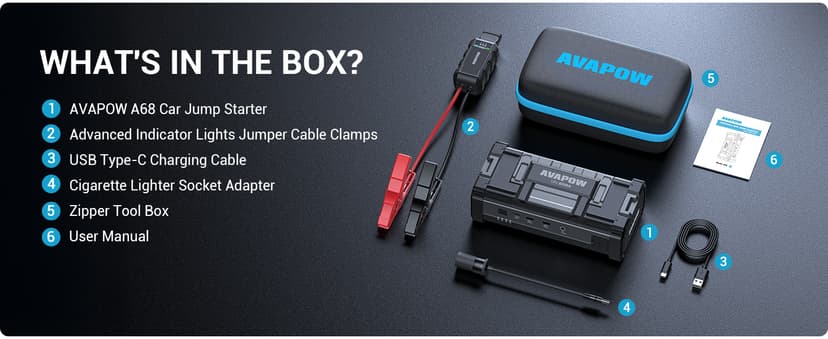 AVAPOW 6000A Car Battery Jump Starter(for All Gas or up to 12L Diesel) Powerful Car Jump Starter with Dual USB Quick Charge and DC Output,12V Jump Pack with Built-in LED Bright Light