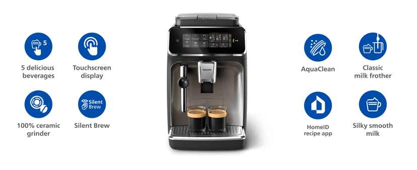 PHILIPS 3300 Series Fully Automatic Espresso Machine with integrated milk frother and grinder, 5 Hot & Iced Coffee Pre-Sets, 40% Quieter SilentBrew, 15-Bar Pressure, Glossy Black (EP3326/90)