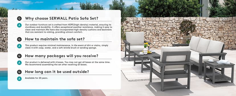SERWALL HDPE Patio Furniture Set, 7-Piece Outdoor Sectional Sofa Set, All Weather Outdoor Couch Set for Deck, Lawn, Grey Frame with Khaki Cushion