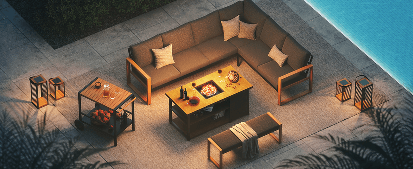 Grand patio 4-Piece Outdoor Furniture Set with Gas Fire Pit Table, Aluminum Patio Sofa Set for 8 with Faux Wood Grain Finish, Modern Patio Couch Sofa with Outdoor Bench and Chaise for Backyard