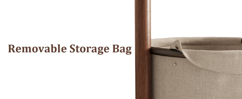 Solid Wood Coat Rack with Fabric Basket - Coat Hanger Stand Coat Tree Rack Freestanding with 9 Hooks Wheels, Small Clothes Rack For Entryway Bedroom Hallway Living Room