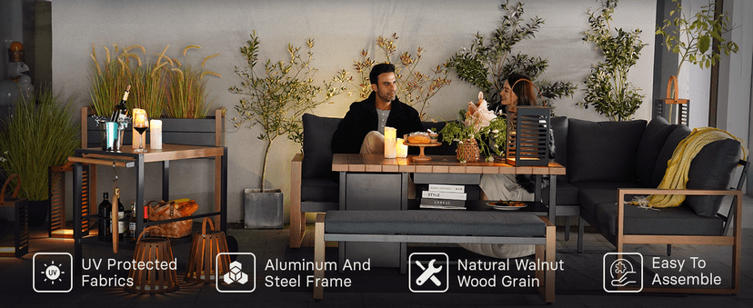 Grand patio 4-Piece Outdoor Furniture Set with Gas Fire Pit Table, Aluminum Patio Sofa Set for 8 with Faux Wood Grain Finish, Modern Patio Couch Sofa with Outdoor Bench and Chaise for Backyard