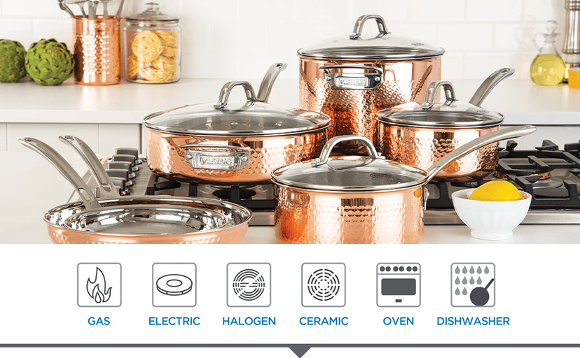 Viking 3-Ply Pots and Pans Set, 10 Piece Copper Kitchen Cookware with Glass Lids, Hammered Copper