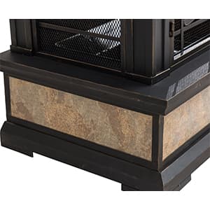 Sunjoy Outdoor Fireplace, Smith Collection Patio Wood Burning Steel Fireplace with Chimney, Spark Screen, Fire Poker, and Removable Grate, Copper with Yellow Tile