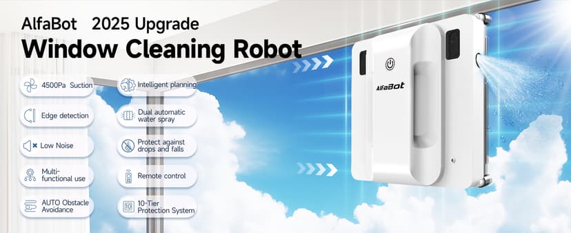 AlfaBot Window Cleaning Robot, 4500PA High Suction Power Window Cleaner with Dual Water Spray,3.0 Path Planning, Edge Detection Technology,Perfect for High-Rise Windows, Big Glass