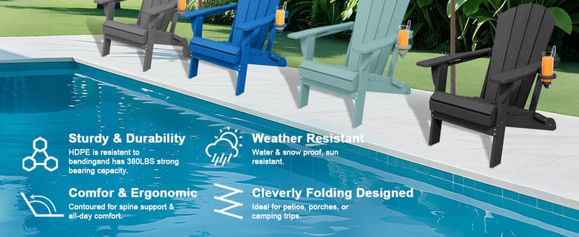 Folding Adirondack Chair Set of 8, HDPE All-Weather Patio Chairs for Outdoor, Patio, Lawn, Garden, Backyard Deck, Fire Pit - Black