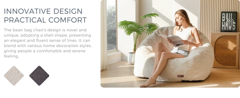 MAXYOYO Giant Bean Bag Chair, Oversized Bean Bag Couch for Adults and Kids, Faux Fur Shell-Shaped Large Chair with Filler, Stuffed Big Accent Sofa Lounge Floor Sofa for Gaming, Reading, Beige