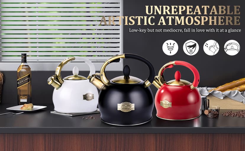 SUSTEAS Stove Top Whistling Tea Kettle - Food Grade Stainless Steel Teakettle Teapot with Cool Touch Ergonomic Handle, With 1 Silicone Pinch Mitt Included, 2.64 Quart(BLACK)