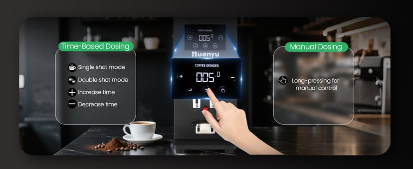 Huanyu Commercial Coffee Grinder with 64mm Flat Burr Anti-Flying Grounds Outlet 26oz Lotus Hopper 8 Stepless Settings Electric Coffee Grinders with Smart Touchscreen for Cafés Restaurants