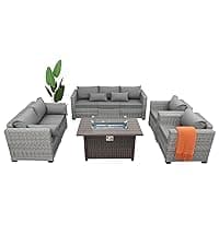 Rattaner 7-Piece Outdoor Furniture Sets Patio Furniture Set with 45-inch Fire Pit Patio Couch Outdoor Chairs 60000 BTU Propane Fire Pit Table with Non-Slip Cushions Waterproof Covers, Light Grey