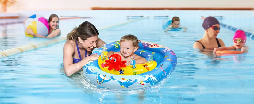 EZIGO Baby Pool Float with Canopy UPF50+ Sun Protection, Inflatable Kids Pool Floats with Ocean Animal Toys for Baby 6-36 Months, Infant Swimming Float with Adjustable Safety Seat for Boys Girls