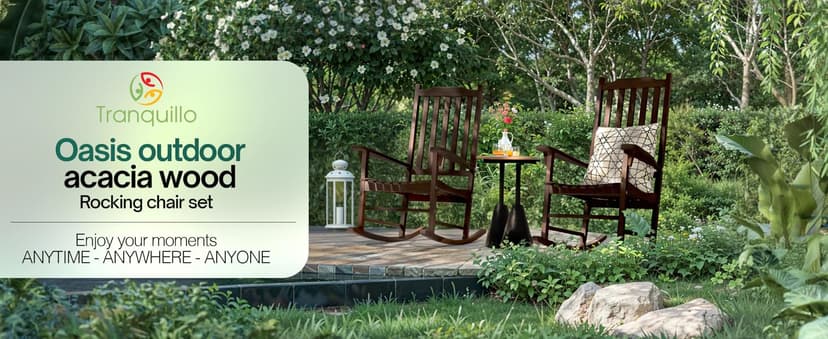 Tranquillo Oasis Wooden Rocking Chair for Patio, Porch, or Indoor Use – Classic Acacia Wood Rocker with Sturdy Frame, Comfortable Slatted Seat, Smooth Rocking Motion – Farmhouse Outdoor Chair