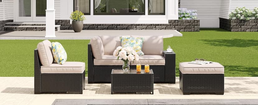 5 Pieces Patio Furniture Set All-Weather Outdoor Wicker Sectional Conversation Sofa Rattan Patio Seating Sofa with Cushion and Glass Table and Ottoman for Porch,Beige