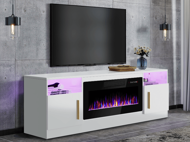Lemberi Fireplace tv Stand with 36 inch Fireplace Up to 80" TVs,LED Light Entertainment Center and Storage, 70" Modern Wood Media TV Console with Highlight Cabinet for Living Room (White)