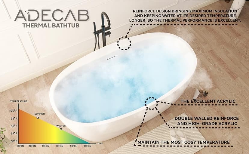 59" Acrylic Freestanding Bathtub, Soaking Tub for Bathroom, Stand Alone Tub, cUPC Certified, Integrated Overflow and Drain, Gloss White