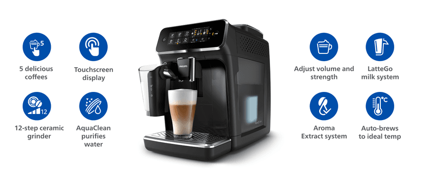 Philips 3200 Series Fully Automatic Espresso Machine, LatteGo Milk Frother, 5 Coffee Varieties, Intuitive Touch Display, 100% Ceramic Grinder, AquaClean Filter, My Coffee Choice, Black (EP3241/54)