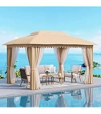 HDPE Outdoor Patio Furniture 4-Piece Set, All Weather Modern Patio Conversation Sets with Wood-grain Extended Table, Outdoor Patio Couch Set, Black Frame with Beige 4.7" Thick Cushions