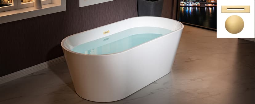 WOODBRIDGE 71" Acrylic Freestanding Bathtub Contemporary Soaking White Tub with Brushed Gold Overflow and Drain,B1701-BG