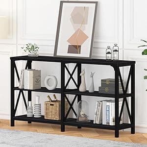 IBF Black Console Table, Modern Industrial Sofa Table with 3 Tier Storage Shelves, Farmhouse Wooden Metal Entryway Table for Living Room, Hallway, or Foyer, Black Oak, 63 Inch