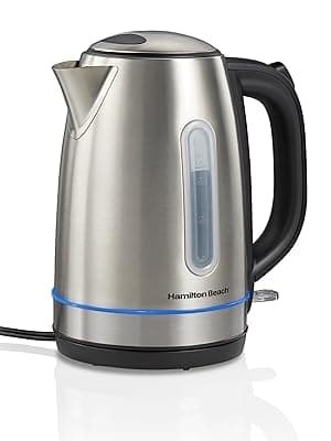 Hamilton Beach Electric Tea Kettle, Water Boiler & Heater, 1.7 Liter, Cordless Serving, 1500 Watts for Fast Boiling, Auto-Shutoff and Boil-Dry Protection, Stainless Steel with LED Light Ring (41037)