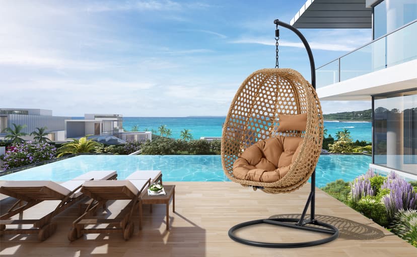 Hanging Egg Chair with Stand & Cushions, Outdoor and Indoor Hammock Rattan Swing Chair 350 lbs Capacity with Aluminum Steel Frame for Patio, Balcony, Backyard and Living Spaces (Light Brown)
