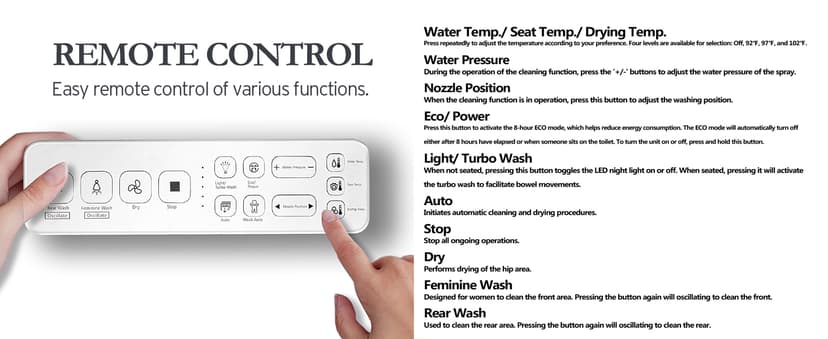Electric Bidet Toilet Seat Elongated, Heated Toilet Seat, Instant Warm Water, Warm Air Dryer, Rear Feminine and Oscillating Washing, Wireless Remote, Night Light, Slow Close Lid, LED Display
