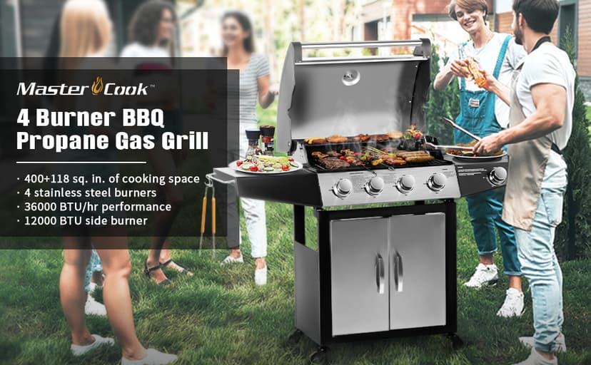 MASTER COOK Gas Grill, BBQ 4-Burner Cabinet Style Grill Propane with Side Burner, Stainless Steel