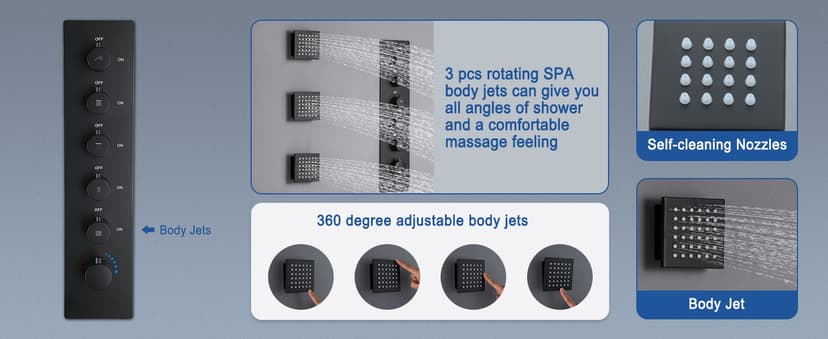 MONDAWE 28 Inch Flush-Mounted Thermostatic Shower System in Matte Black, 64 Colors LED and Bluetooth Control Music Rainfall Shower Head, Handheld Spray and Body Jets, High Pressure Shower Faucet Set