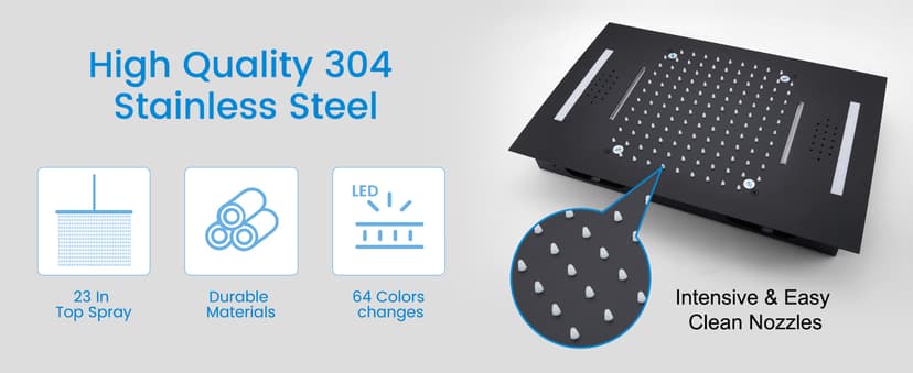 MONDAWE 23" Full Body Thermostatic Shower Jets System, 64-Color LED Music Waterfall Rainfall Luxury Shower Head System with 6 Spray Jets, Ceiling Mount Rain Shower Faucet Set, Matte Black