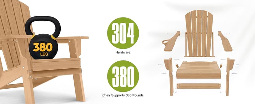 nevilywood Folding Adirondack Chair - Extended Ergonomic Backrest, Cup Holder - Easy Assembly - Durable HDPE Plastic, Weather Resistant & Maintenance-Free - Lawn, Patio, Deck Supports 400lbs Teak