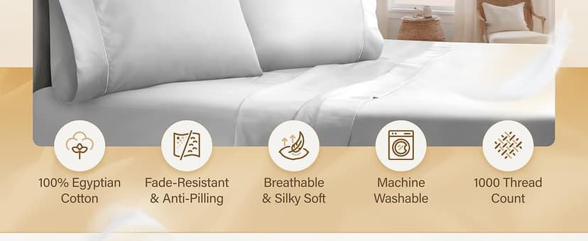 LANE LINEN 100% Egyptian Cotton 1000 TC King Bed Sheets, Eco Friendly No Pill Naturally Cooling Sheet King Size, Soft & Comfy Sateen Weave Silky Smooth Finish, Available in Variety of Colors -Ivory