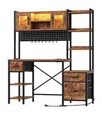 55'' Farmhouse Executive Desk with Drawers, Computer Desk with File Cabinet and Side Bookshelf, Writing Gaming Desk with Monitor Stand & Charging Station, White and Walnut