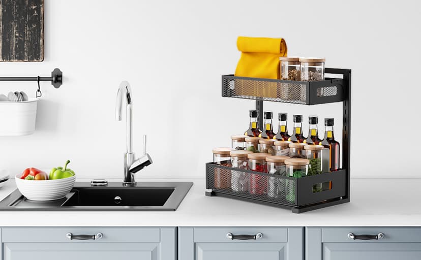 Under Sink Organizer Pull Out Cabinet Organizer Adjustable Height 2 Tier with Sliding Drawers Kitchen Bathroom Organizer and Storage(1pc)