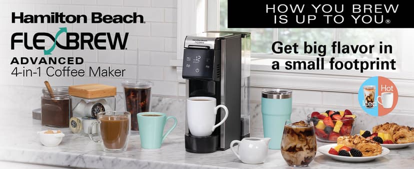 Hamilton Beach FlexBrew Advanced 4-in-1 Single Serve Hot & Iced Coffee Maker with Removable 45 oz. Water Reservoir, Use Pod Packs and Grounds, Fast Brewing, LED Touchscreen, Black (49925)