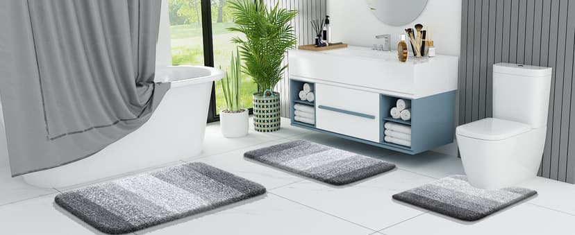 OLANLY Bathroom Rugs Sets 3 Piece, Soft Absorbent Microfiber Bath Mats and U-Shaped Contour Toilet Rug, Plush Shaggy Bath Mat Set for Bathroom (30"x20"+24"x16"+24"x20", Grey)
