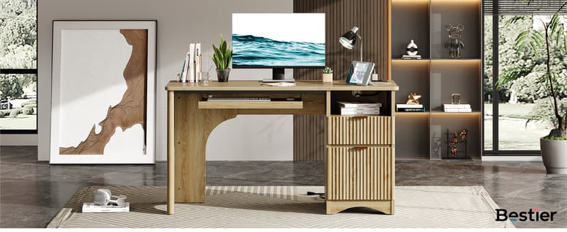Bestier Computer Desk with Keyboard Tray, 55 inch Office Desk with Power Outlet, Modern Home Office Desk with File Drawer (Natual Oak, 55" W with Single-Sided Drawers)