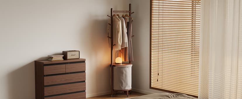 Solid Wood Coat Rack with Fabric Basket - Coat Hanger Stand Coat Tree Rack Freestanding with 9 Hooks Wheels, Small Clothes Rack For Entryway Bedroom Hallway Living Room