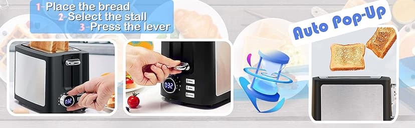 Toaster 2 Slice Wide Slot Toaster Best Rated Prime Displav Smart Toasters with LCD Digital Countdown Timer and Bagel/Defrost/Cancel/Reheat Function