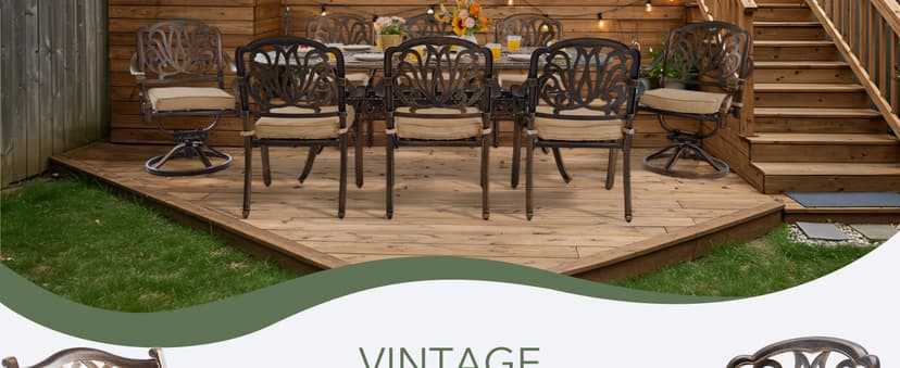 9 Piece Cast Aluminum Outdoor Dining Set, Retro Patio Dining Furniture Set for 8 Includes 86” Table 2 Swivel & 6 Stackable Lattice Chairs with Cushions and 2“ Umbrella Hole for Porch Poolside Garden