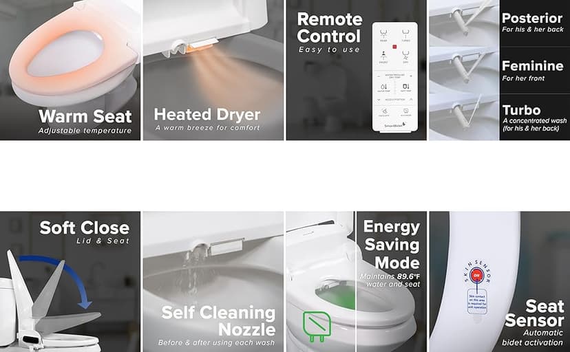 SmartBidet SB-1000WE Electric Bidet Toilet Seat with Heated Seating, Warm Air Dryer, Temperature Control Wash, and Remote Control, Elongated Seating