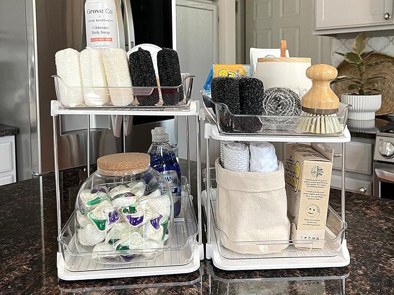 Delamu 2 Sets of 2-Tier Multi-Purpose Bathroom Under Sink Organizers and Storage, Stackable Kitchen Pantry Organization, Pull Out Medicine Cabinet Organizer with 8 Movable Dividers