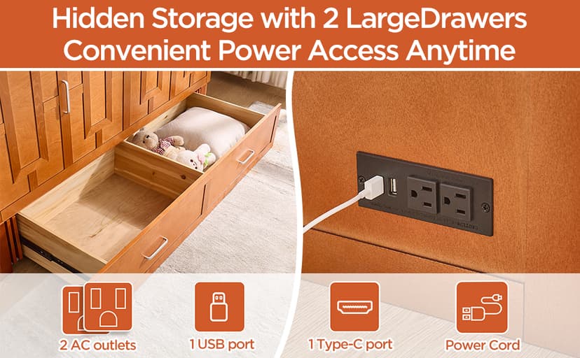 Murphy Bed Cabinet with Mattress, Queen Size Wall Beds with Large Storage Drawer and Charging Station, Hideaway Murphy Bed Chest for Home Office or Small Room (Gray)