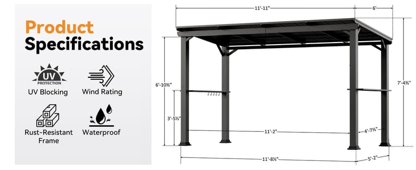 Hardtop Grill Gazebo 6'x12'with Side Shelf, Outdoor Gazebo with Bottle Opener & Hooks, Grill Canopy with Sturdy Rustproof Design for Backyard, Garden, Patio,Black